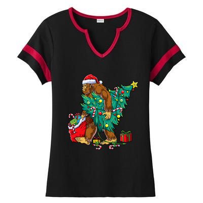 Bigfoot Christmas Tree Lights Xmas Sasquatch Lovers Ladies Halftime Notch Neck Tee