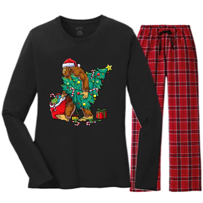 Bigfoot Christmas Tree Lights Xmas Sasquatch Lovers Women's Long Sleeve Flannel Pajama Set 