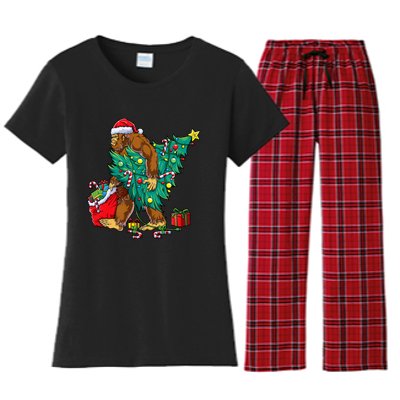 Bigfoot Christmas Tree Lights Xmas Sasquatch Lovers Women's Flannel Pajama Set