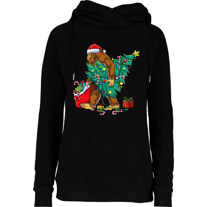 Bigfoot Christmas Tree Lights Xmas Sasquatch Lovers Womens Funnel Neck Pullover Hood