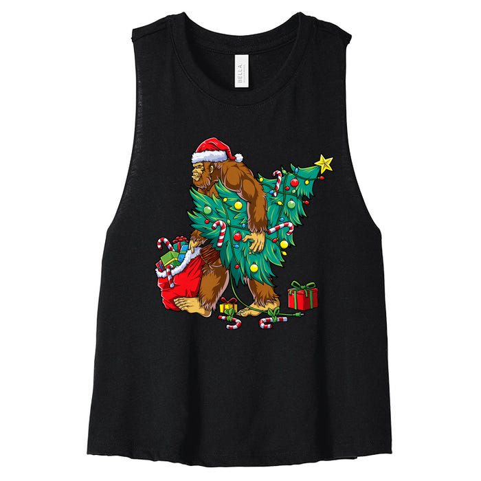 Bigfoot Christmas Tree Lights Xmas Sasquatch Lovers Women's Racerback Cropped Tank