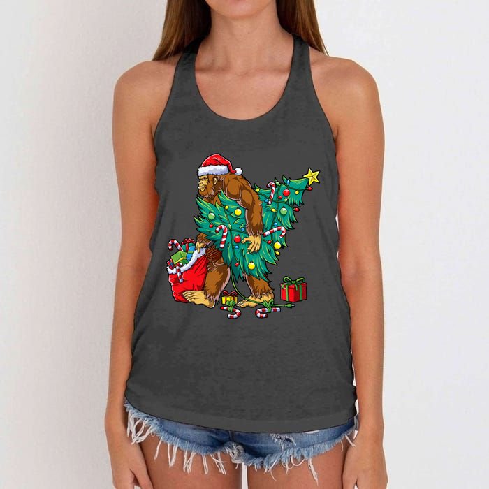 Bigfoot Christmas Tree Lights Xmas Sasquatch Lovers Women's Knotted Racerback Tank