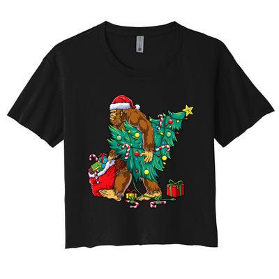 Bigfoot Christmas Tree Lights Xmas Sasquatch Lovers Women's Crop Top Tee