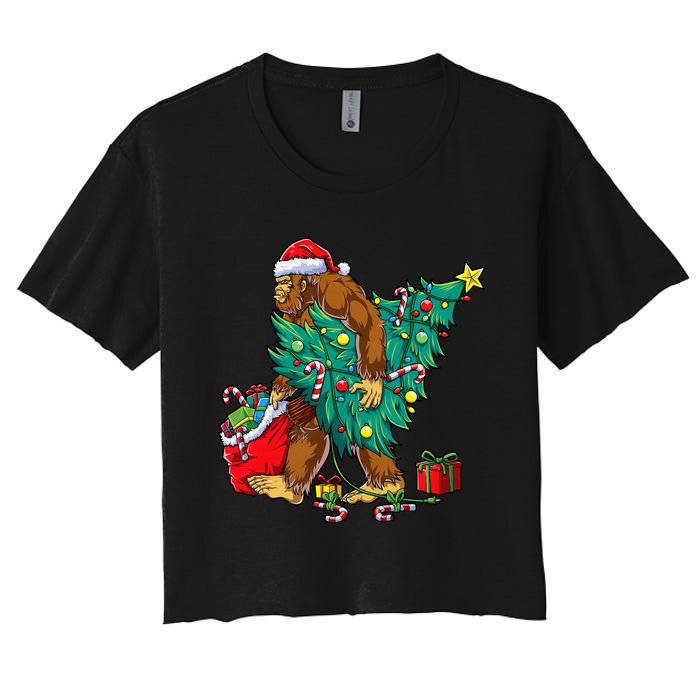 Bigfoot Christmas Tree Lights Xmas Sasquatch Lovers Women's Crop Top Tee