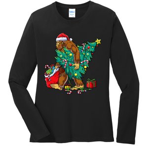 Bigfoot Christmas Tree Lights Xmas Sasquatch Lovers Ladies Long Sleeve Shirt