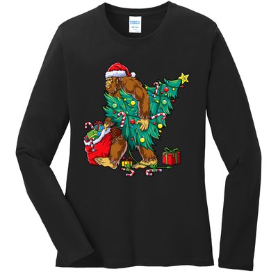 Bigfoot Christmas Tree Lights Xmas Sasquatch Lovers Ladies Long Sleeve Shirt