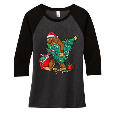 Bigfoot Christmas Tree Lights Xmas Sasquatch Lovers Women's Tri-Blend 3/4-Sleeve Raglan Shirt