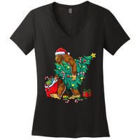 Bigfoot Christmas Tree Lights Xmas Sasquatch Lovers Women's V-Neck T-Shirt