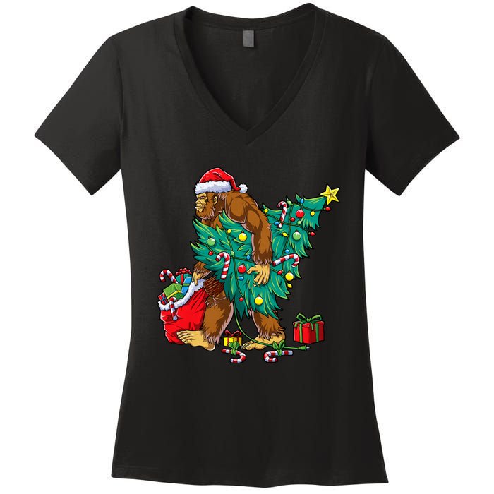 Bigfoot Christmas Tree Lights Xmas Sasquatch Lovers Women's V-Neck T-Shirt