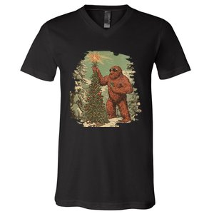 Bigfoot Christmas Tree Lights Tarot Xmas Sasquatch V-Neck T-Shirt