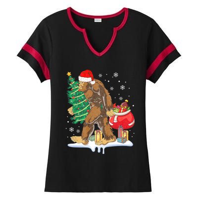 Bigfoot Christmas Tree Lights Xmas Sasquatch Lovers Ladies Halftime Notch Neck Tee