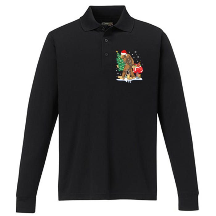 Bigfoot Christmas Tree Lights Xmas Sasquatch Lovers Performance Long Sleeve Polo