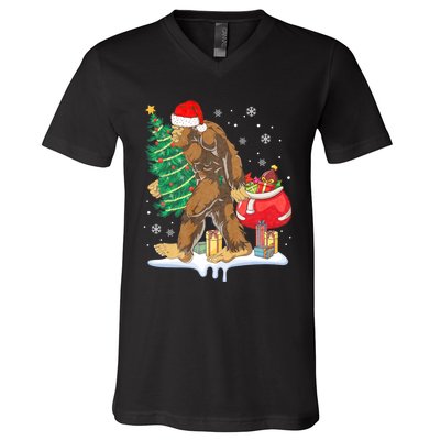 Bigfoot Christmas Tree Lights Xmas Sasquatch Lovers V-Neck T-Shirt