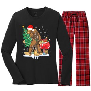 Bigfoot Christmas Tree Lights Xmas Sasquatch Lovers Women's Long Sleeve Flannel Pajama Set 