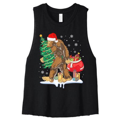 Bigfoot Christmas Tree Lights Xmas Sasquatch Lovers Women's Racerback Cropped Tank