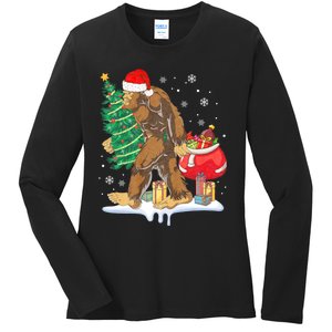 Bigfoot Christmas Tree Lights Xmas Sasquatch Lovers Ladies Long Sleeve Shirt