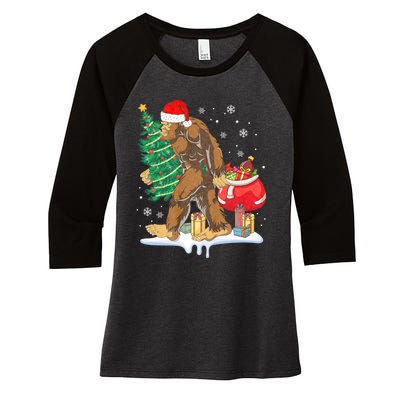 Bigfoot Christmas Tree Lights Xmas Sasquatch Lovers Women's Tri-Blend 3/4-Sleeve Raglan Shirt