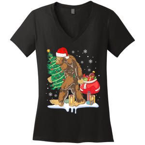 Bigfoot Christmas Tree Lights Xmas Sasquatch Lovers Women's V-Neck T-Shirt