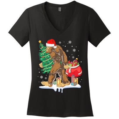 Bigfoot Christmas Tree Lights Xmas Sasquatch Lovers Women's V-Neck T-Shirt