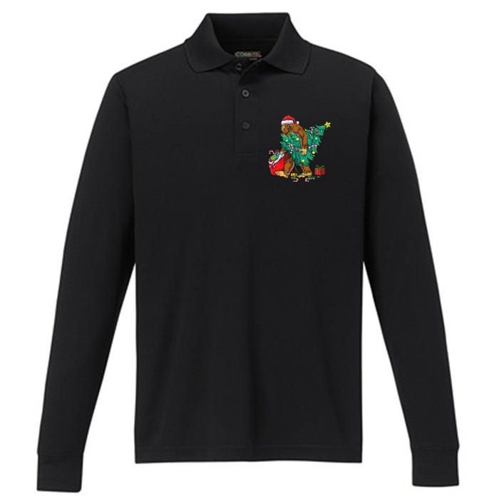 Bigfoot Christmas Tree Lights Xmas Sasquatch Lovers Performance Long Sleeve Polo