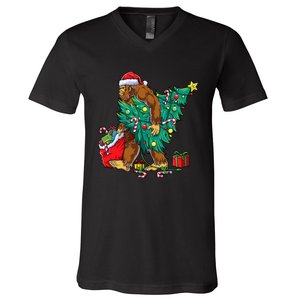 Bigfoot Christmas Tree Lights Xmas Sasquatch Lovers V-Neck T-Shirt