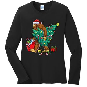 Bigfoot Christmas Tree Lights Xmas Sasquatch Lovers Ladies Long Sleeve Shirt