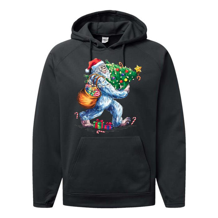 Bigfoot Christmas Tree Lights Xmas Sasquatch Lovers Performance Fleece Hoodie