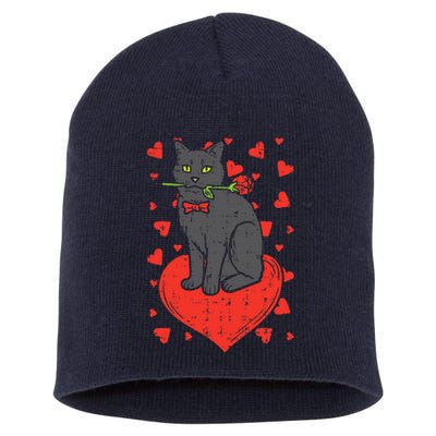 Black Cat Tie Red Rose Heart Cute Valentines Day Pet Funny Short Acrylic Beanie