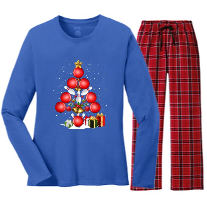 Bowling Christmas Tree Lights Gift Bowling Decorations Xmas Meaningful Gift Women's Long Sleeve Flannel Pajama Set 