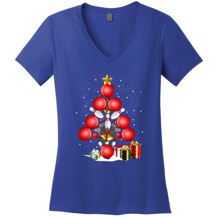 Bowling Christmas Tree Lights Gift Bowling Decorations Xmas Meaningful Gift Women's V-Neck T-Shirt