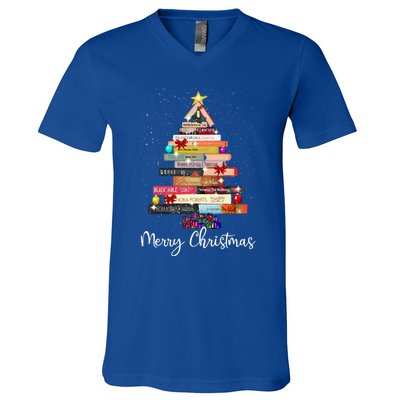 Book Christmas Tree For Book Lover Librarian Teacher Xmas Gift V-Neck T-Shirt