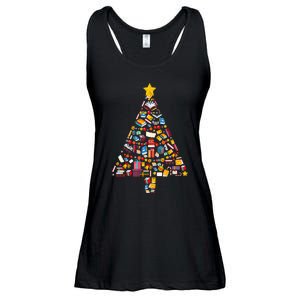 Books Christmas tree reading club Librarian Library Xmas Ladies Essential Flowy Tank