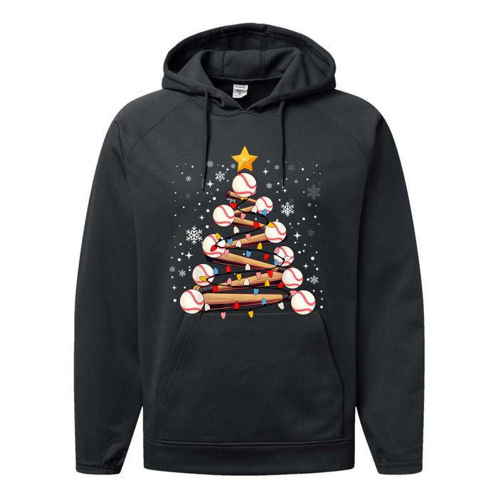 Baseball Christmas Tree Light Xmas Baseball Performance Fleece Hoodie