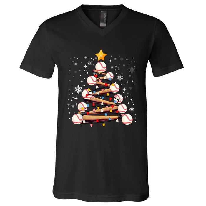 Baseball Christmas Tree Light Xmas Baseball V-Neck T-Shirt