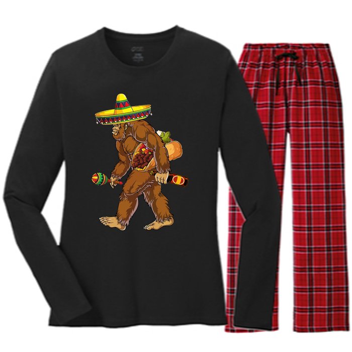 Bigfoot Carrying Taco El Squatcho Beer Pacho Sombrero Lover Women's Long Sleeve Flannel Pajama Set 