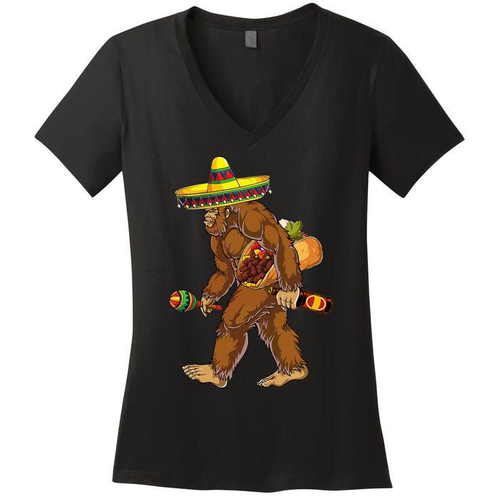 Bigfoot Carrying Taco El Squatcho Beer Pacho Sombrero Lover Women's V-Neck T-Shirt