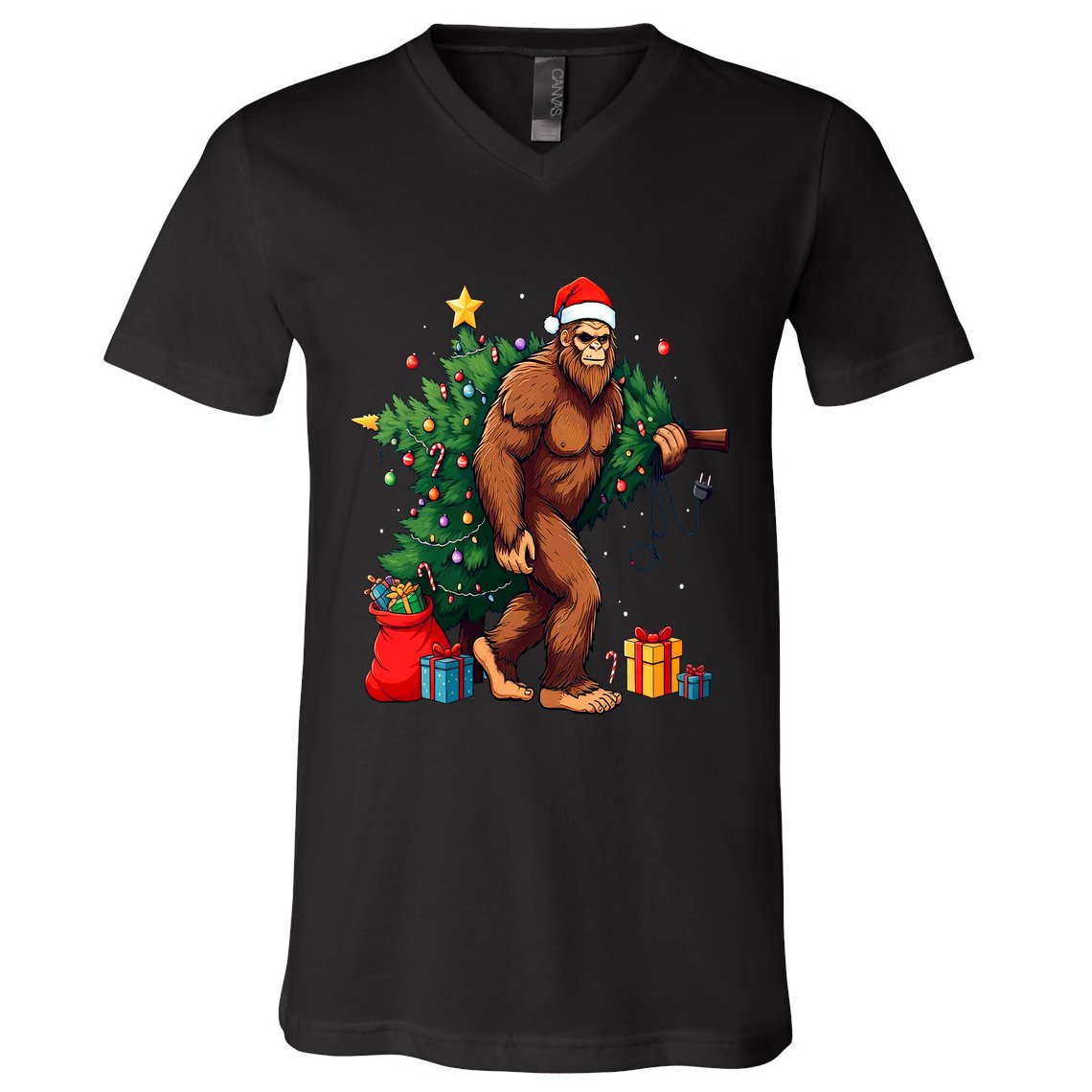 Bigfoot Christmas Tree Lights Xmas V-Neck T-Shirt
