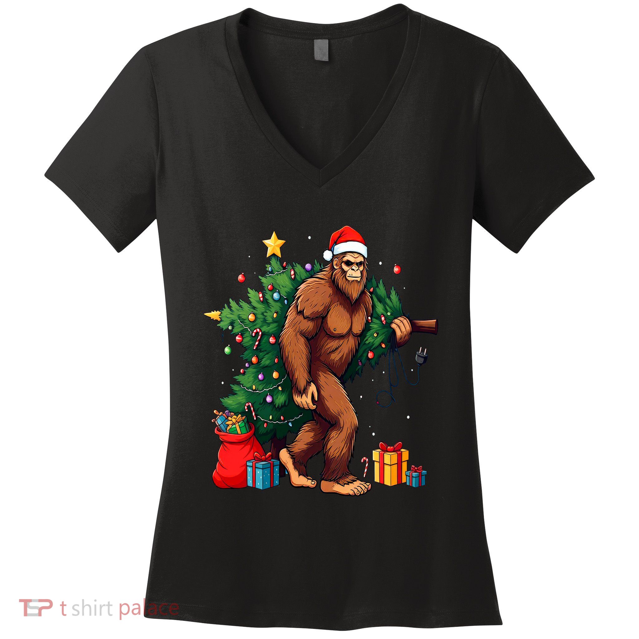 Bigfoot Christmas Tree Lights Xmas Women's V-Neck T-Shirt