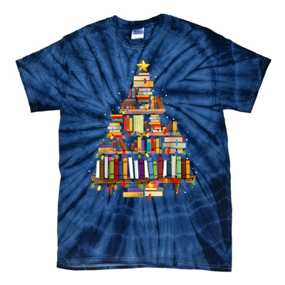 Book Christmas Tree Lights Teacher Librarian Read Lover Xmas Tie-Dye T-Shirt