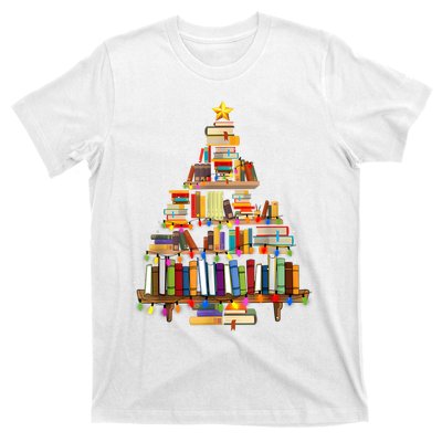 Book Christmas Tree Lights Teacher Librarian Read Lover Xmas T-Shirt