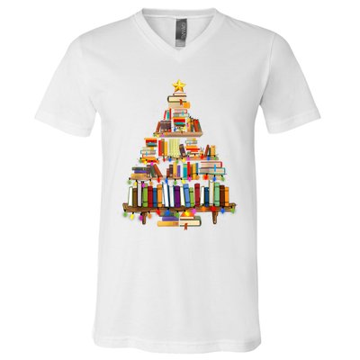 Book Christmas Tree Lights Teacher Librarian Read Lover Xmas V-Neck T-Shirt