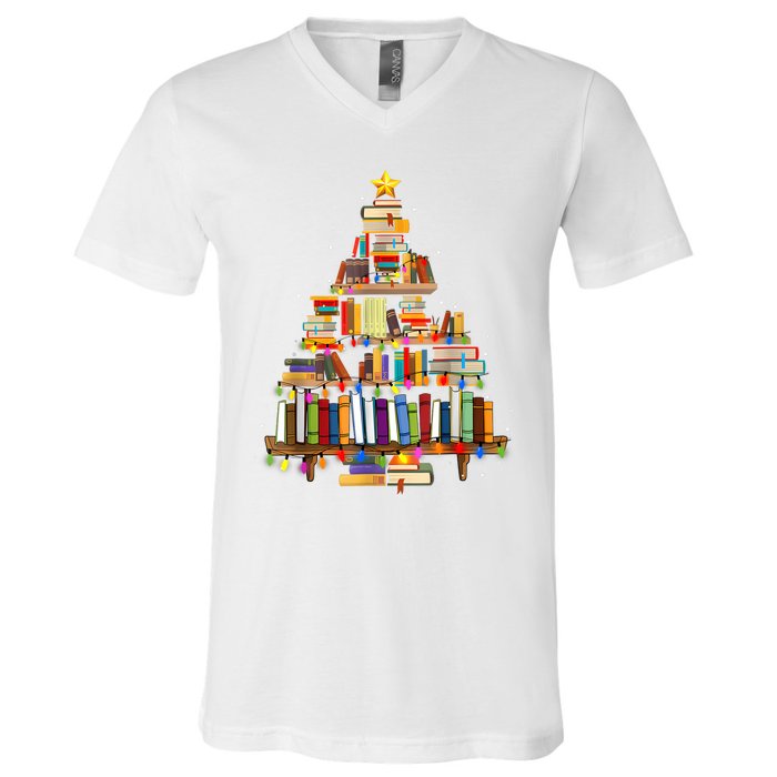 Book Christmas Tree Lights Teacher Librarian Read Lover Xmas V-Neck T-Shirt