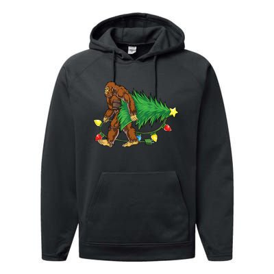 Bigfoot Christmas Tree Lights Xmas Boys Sasquatch Lovers Performance Fleece Hoodie