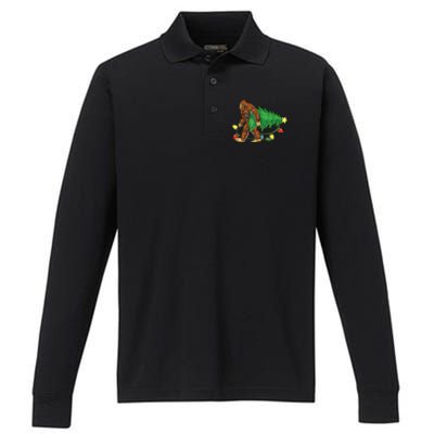 Bigfoot Christmas Tree Lights Xmas Boys Sasquatch Lovers Performance Long Sleeve Polo