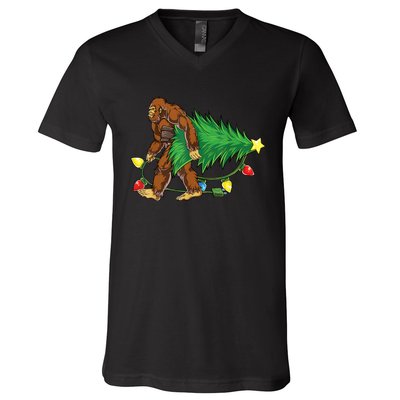 Bigfoot Christmas Tree Lights Xmas Boys Sasquatch Lovers V-Neck T-Shirt