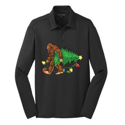 Bigfoot Christmas Tree Lights Xmas Boys Sasquatch Lovers Silk Touch Performance Long Sleeve Polo