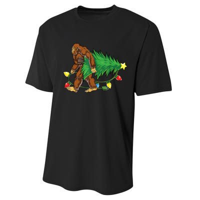 Bigfoot Christmas Tree Lights Xmas Boys Sasquatch Lovers Performance Sprint T-Shirt