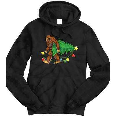 Bigfoot Christmas Tree Lights Xmas Boys Sasquatch Lovers Tie Dye Hoodie