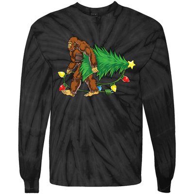 Bigfoot Christmas Tree Lights Xmas Boys Sasquatch Lovers Tie-Dye Long Sleeve Shirt