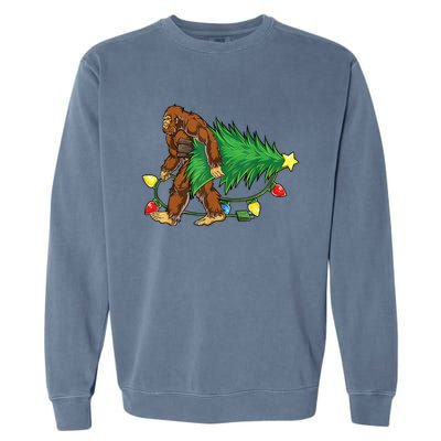 Bigfoot Christmas Tree Lights Xmas Boys Sasquatch Lovers Garment-Dyed Sweatshirt